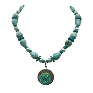 Vintage Turquoise Beaded Necklace with Rose Pendant & Faux Pearls